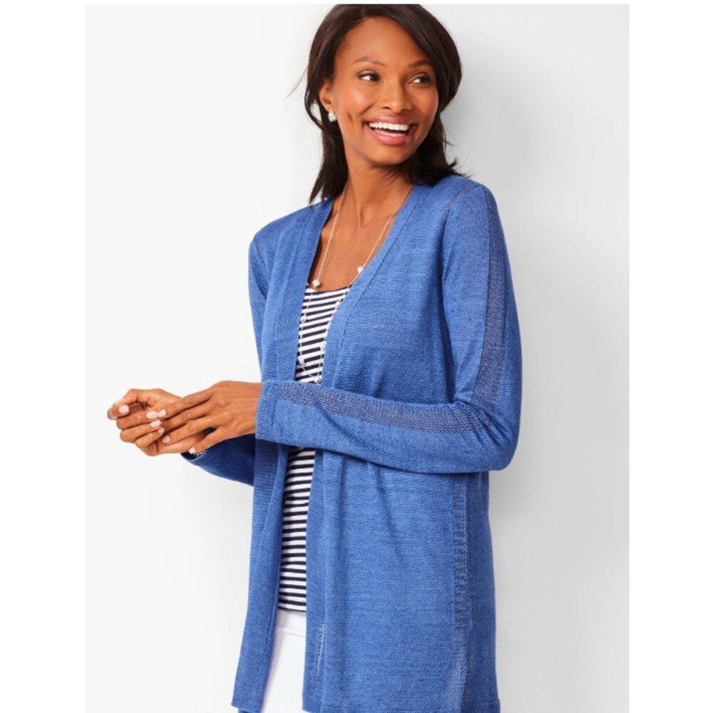 Talbots Linen Open Front Cardigan Sweater Blue Womens Size Medium